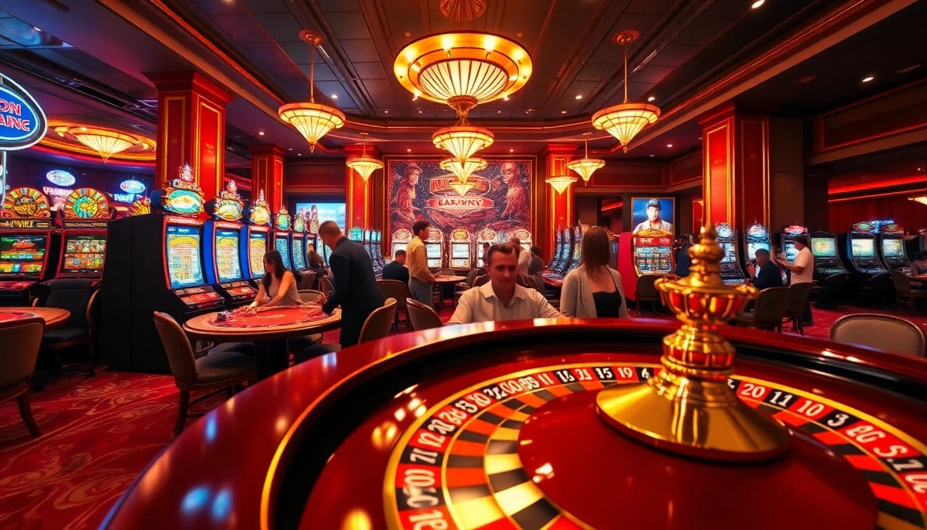 Players engaged in thrilling games at a luxurious casino with gg88 branding visible on chips and slots.