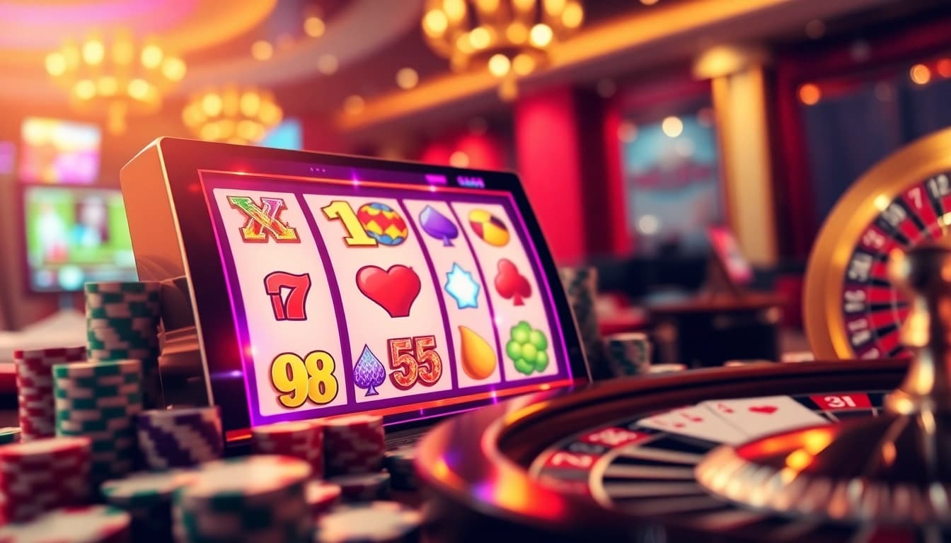 Engage with PG slot excitement via vivid online casino visuals featuring spinning reels and gaming elements.