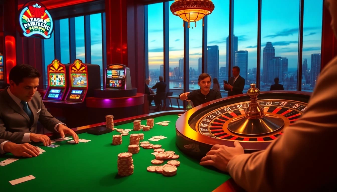 A thrilling casino scene at PS 99 featuring a vibrant poker table and sparkling slot machines.