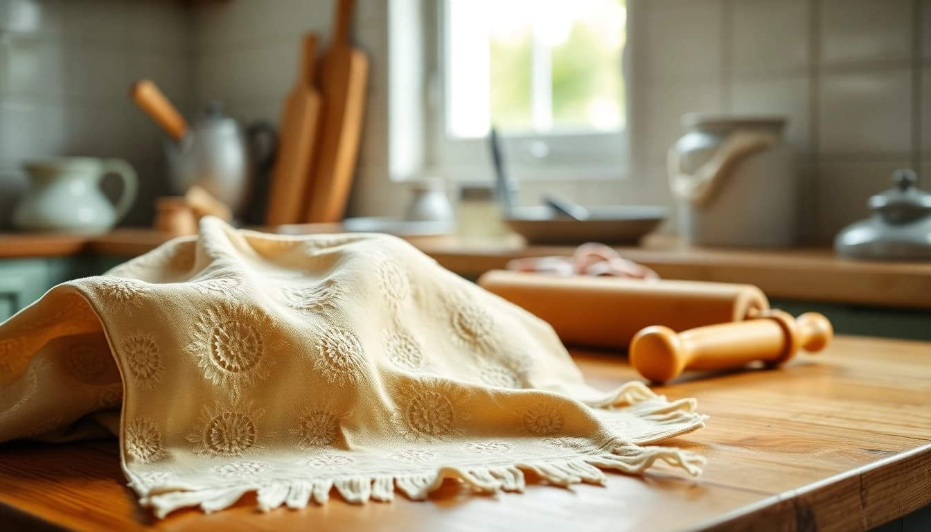 Kook met kaasdoek in een sfeervolle keuken, zacht licht en aardetinten.