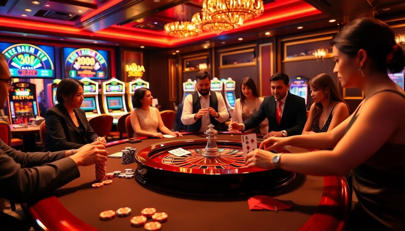 Players enjoying a thrilling moment at EE 88 casino with vibrant gaming tables.