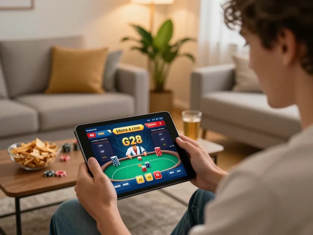 Player enjoying online gaming experience on g28 com with tablet and cozy ambiance