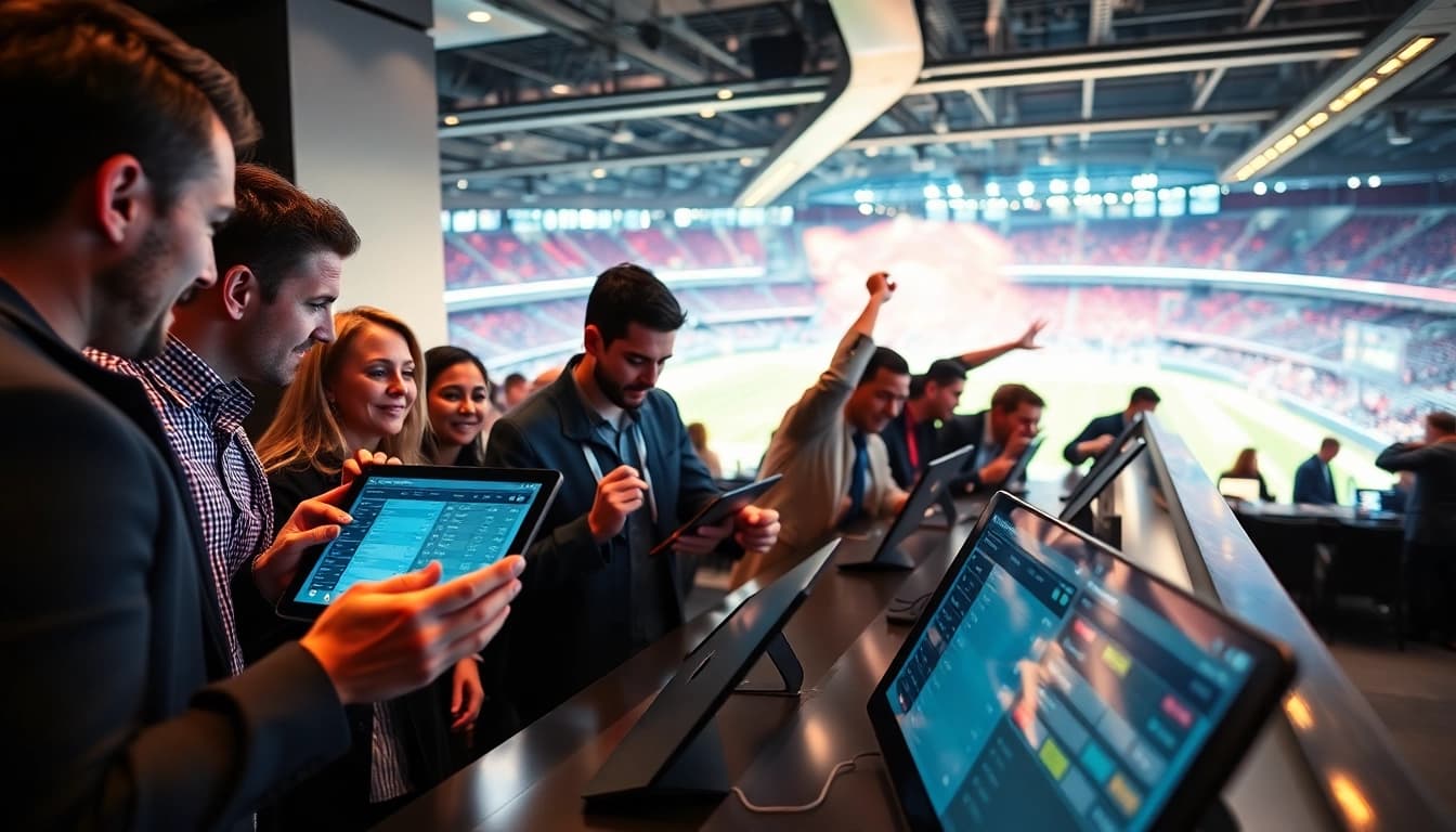 Engaged bettors at sportsbooks in California excitedly analyzing odds and statistics in a modern setting.