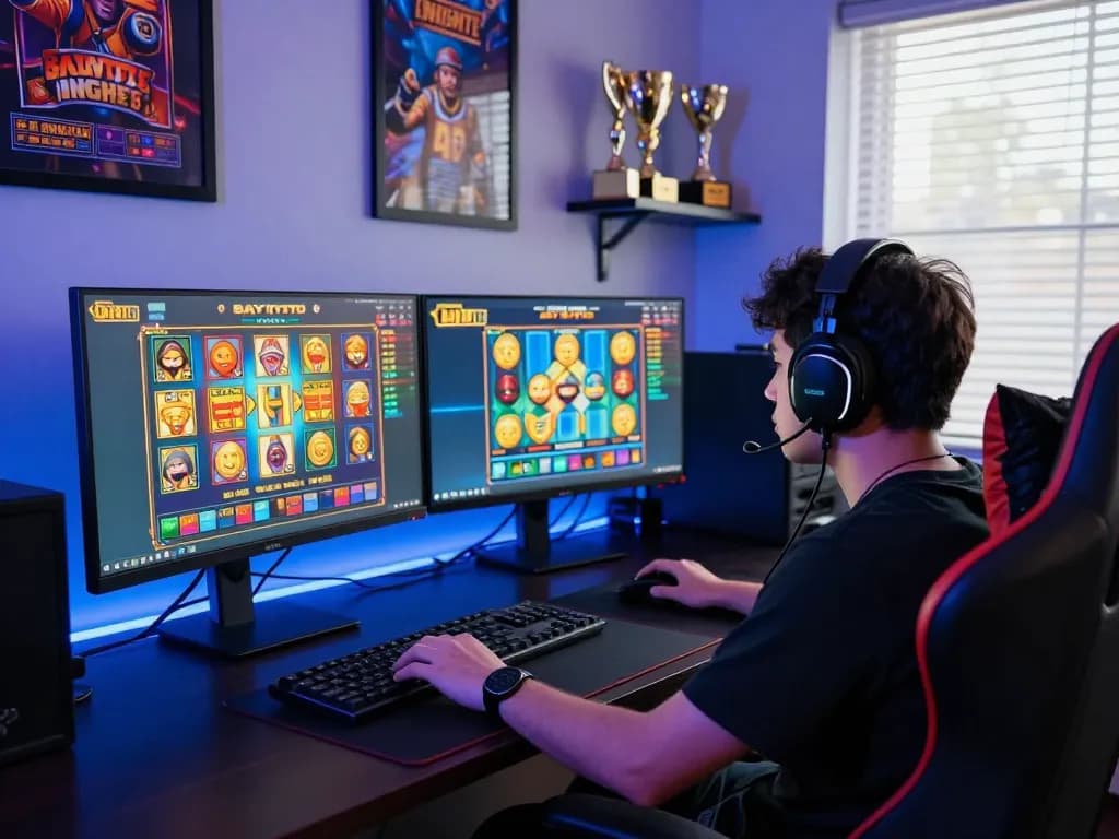 Engaged player on BAYITOTO enjoying vibrant slot games and lottery results in an immersive gaming setup.