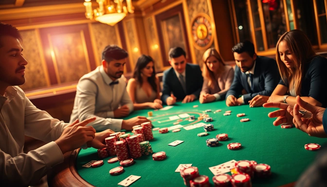Engage with IDN Poker players at a luxurious casino table surrounded by vibrant chips and cards.