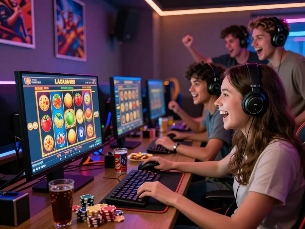 Teman-teman beragam menikmati permainan slot online LAOBAN188 di ruang permainan yang meriah.