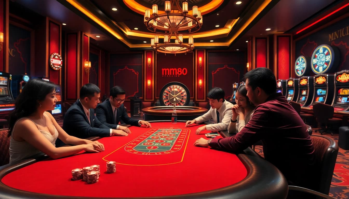Exciting poker table scene at mm88 casino, showcasing vibrant chips and gamblers in action.