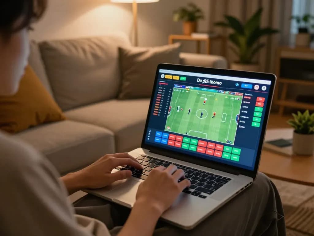 Engaging in Đá gà thomo betting on laptop with live match visible.