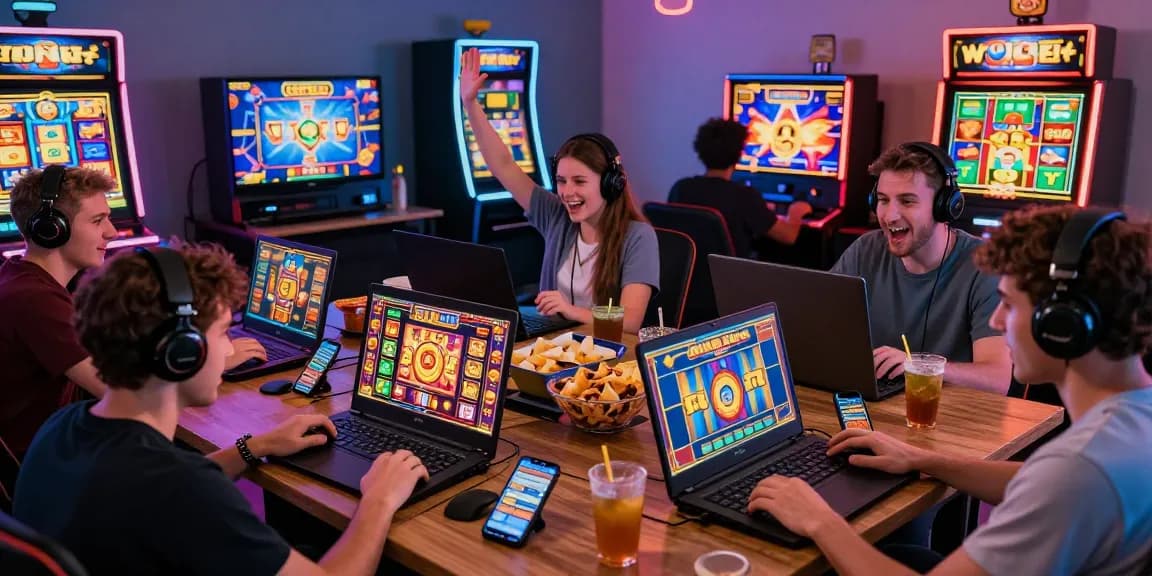 Players enjoying slot gacor games in modern home setup, showcasing excitement and gaming atmosphere.