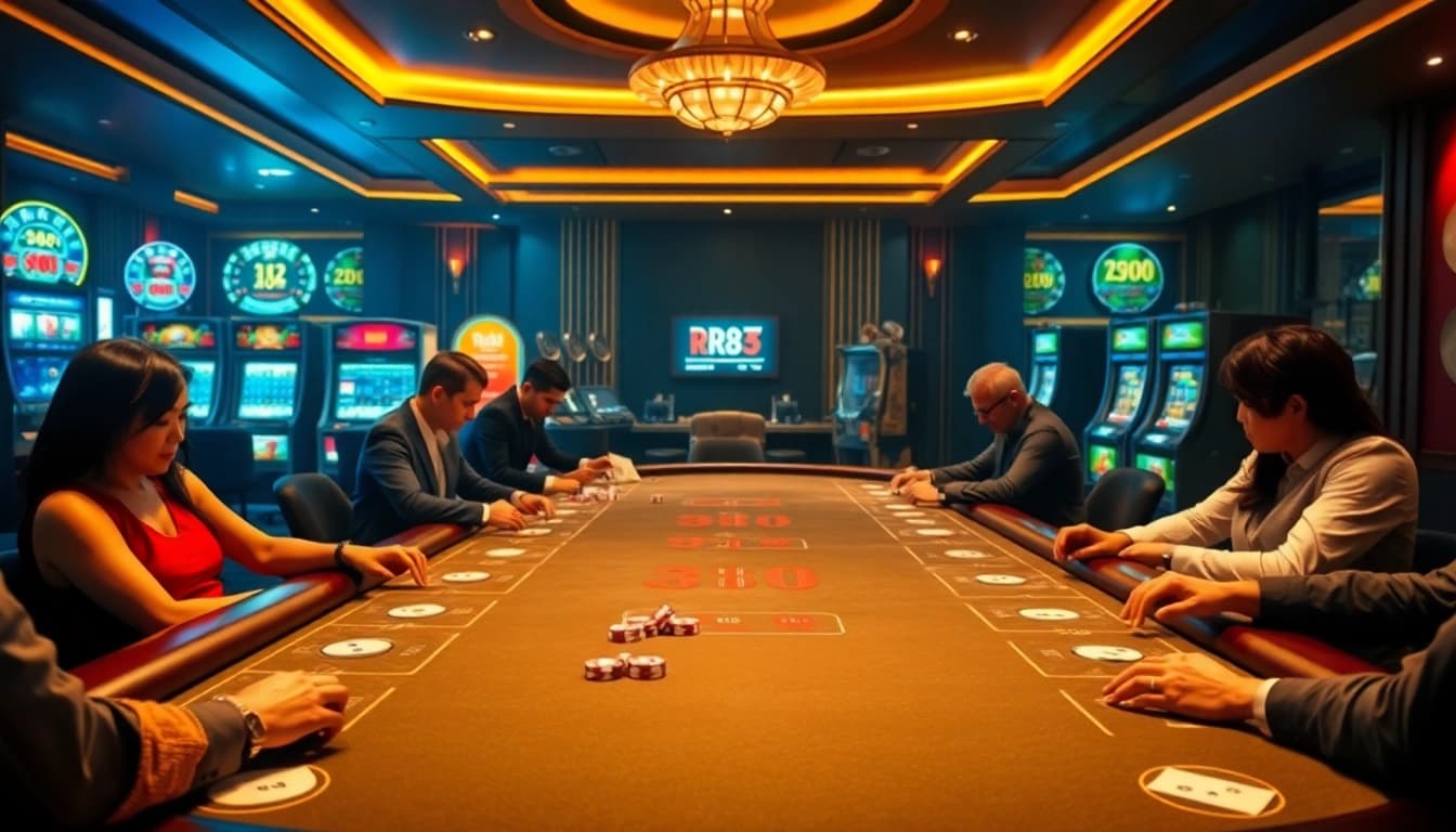 Engaging players at the RR88 casino table featuring poker chips and slot machines.