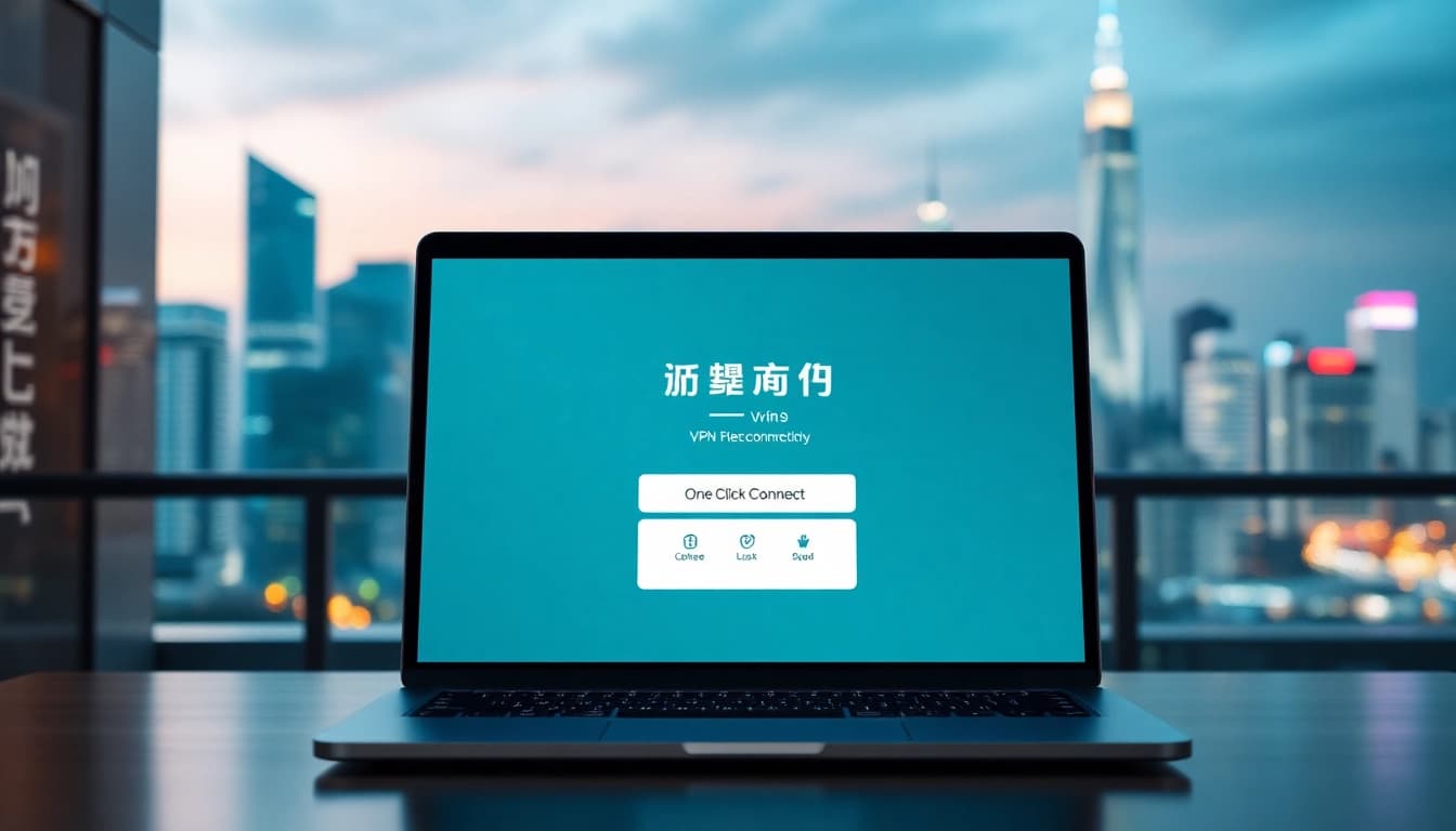 笔记本电脑上的快连 VPN 界面，背景为城市天际线，展示全球互联与安全。