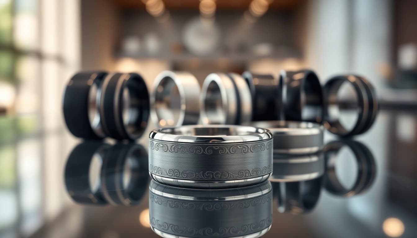 Tungsten rings showcased elegantly on a glass surface with intricate designs.