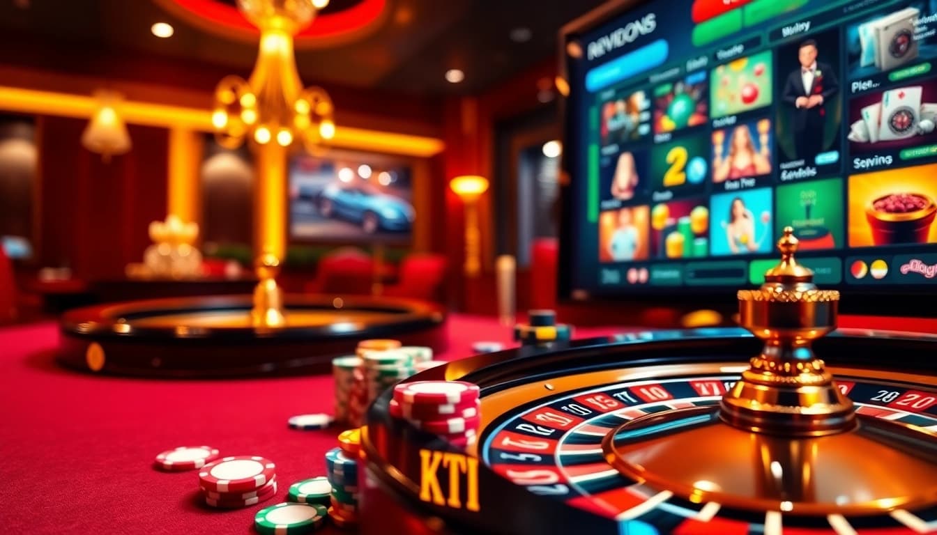 Vivez l'excitation du casino en ligne avec une table de poker vibrante et une roue de roulette.