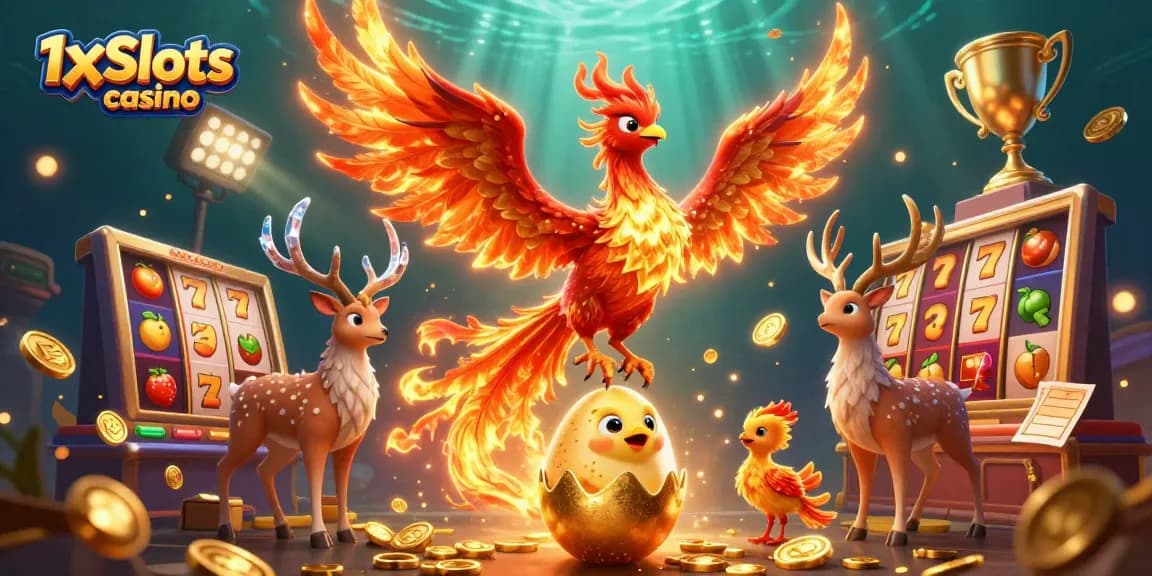 Win at 1xSlots casino with engaging games and magical elements in a dynamic illustration.