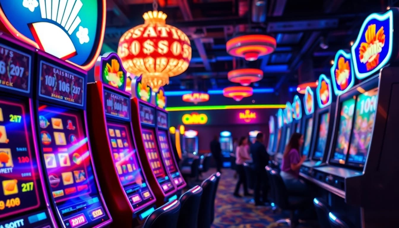 Main slot777 machines in a lively casino, showcasing excitement and vibrant colors.