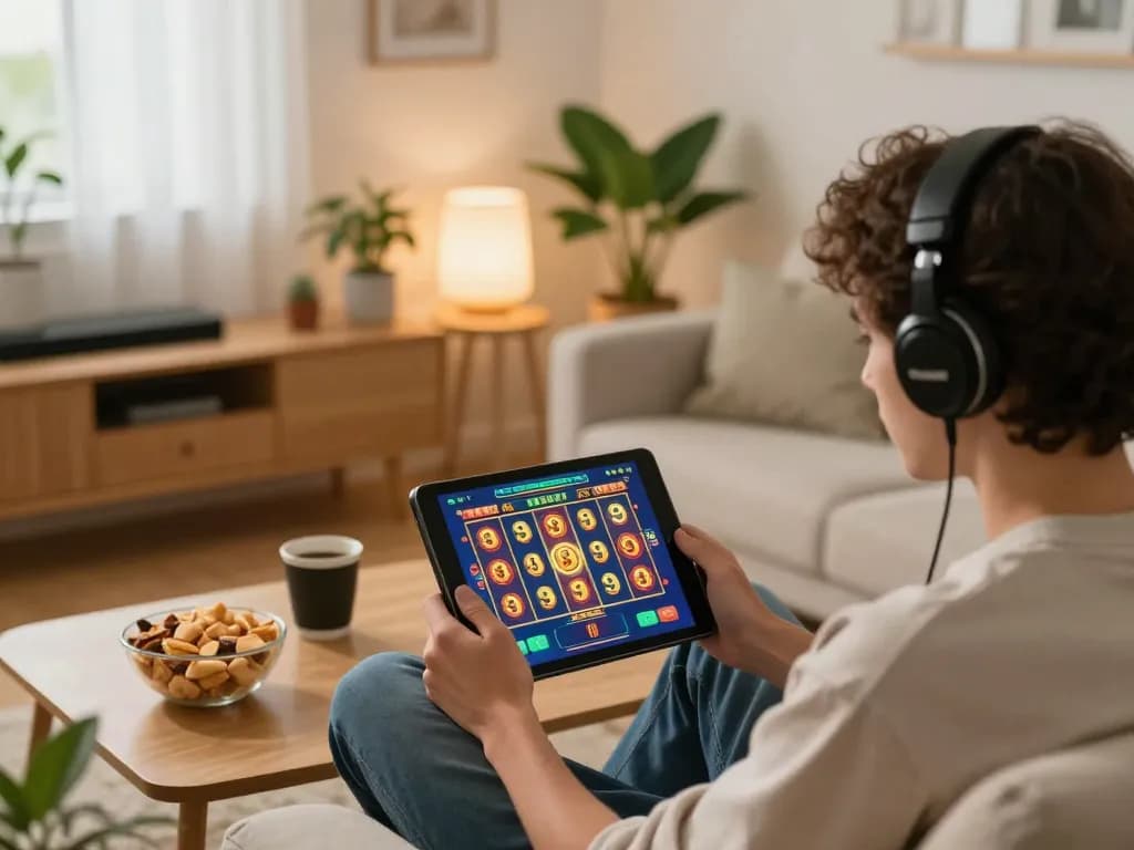 Player enjoying vipwin mobile slots on tablet in a cozy living room with ambient lighting.