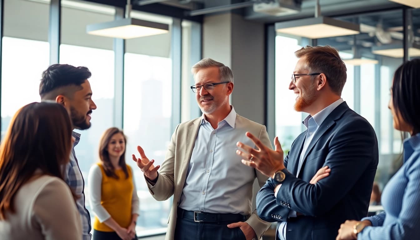 Engaging discussion on founder leadership insights with a leader and a diverse team in a modern office.