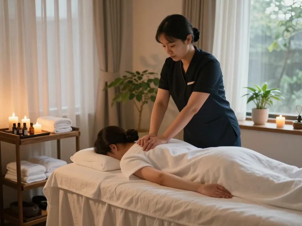 동대문스웨디시 마사지 요법으로 편안한 스파 트리트먼트, 평화로운 환경, 부드러운 조명, 진정되는 분위기.