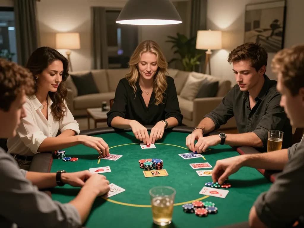 Engaged players enjoying เว็บสล็อต in an exciting home poker game with strategic gameplay.