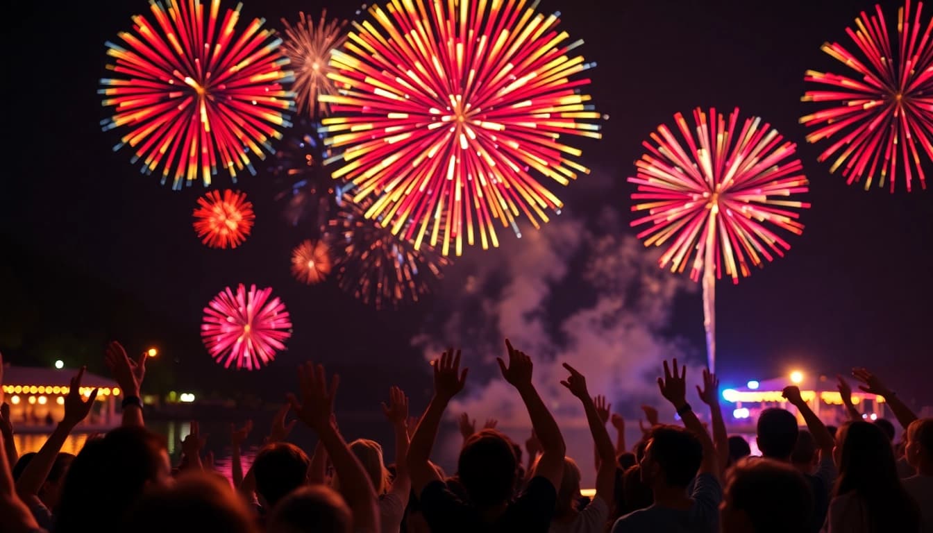 Families enjoying cheap fireworks near me during a vibrant outdoor celebration at night.