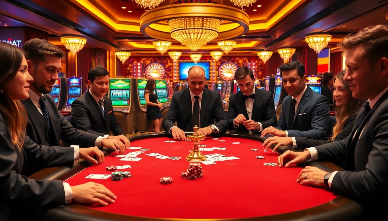 Engaged gamblers at a vibrant game table on https://kkwin.life/ showing excitement with chips and cards.