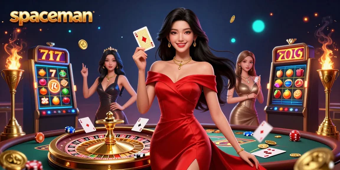 Spin the reels and win big with the spaceman at the casino, surrounded by vibrant gaming elements.