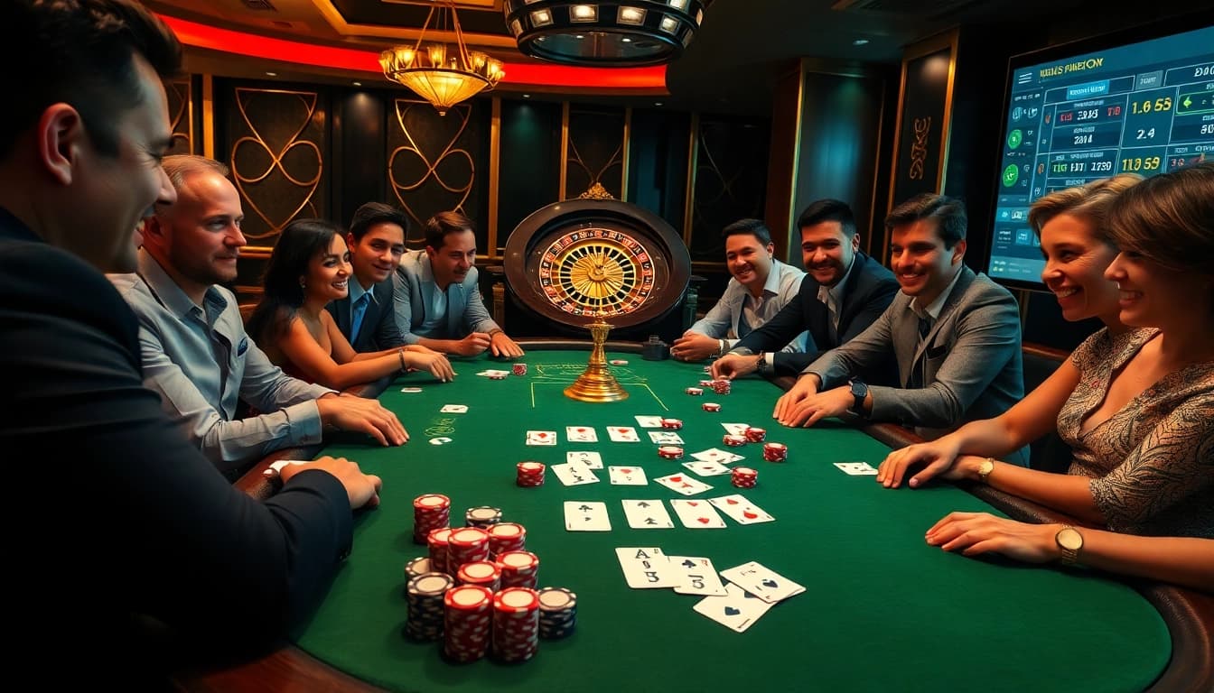 permainan situs poker di meja kasino mewah dengan pemain yang menarik dan chip berwarna-warni