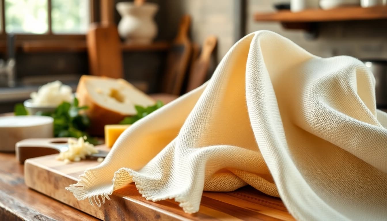 Kaasdoek prachtig opgesteld in een rustieke keuken met verse ingrediënten.