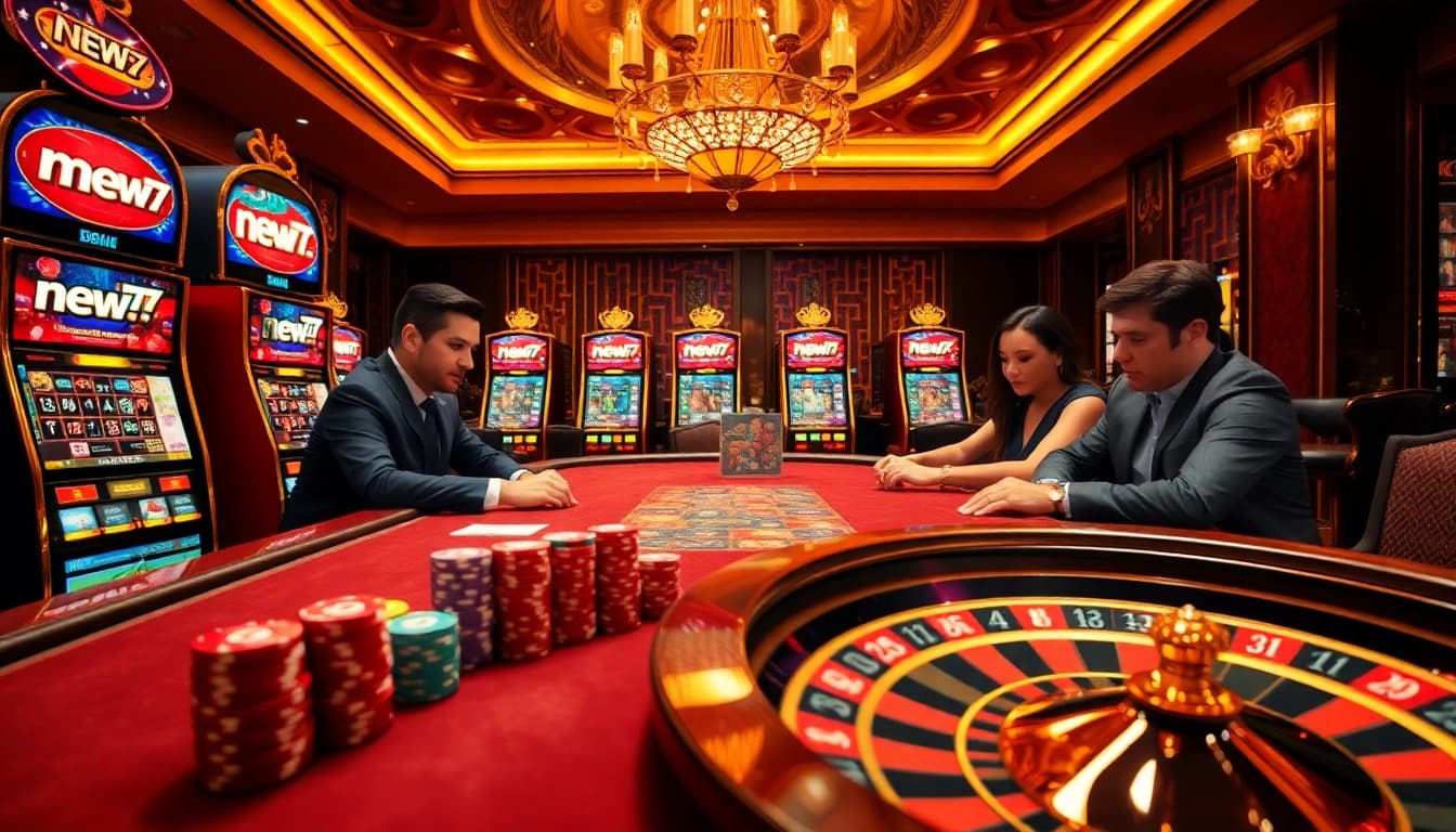 Players experiencing the thrill of new77 at a luxury casino poker table filled with exciting action.