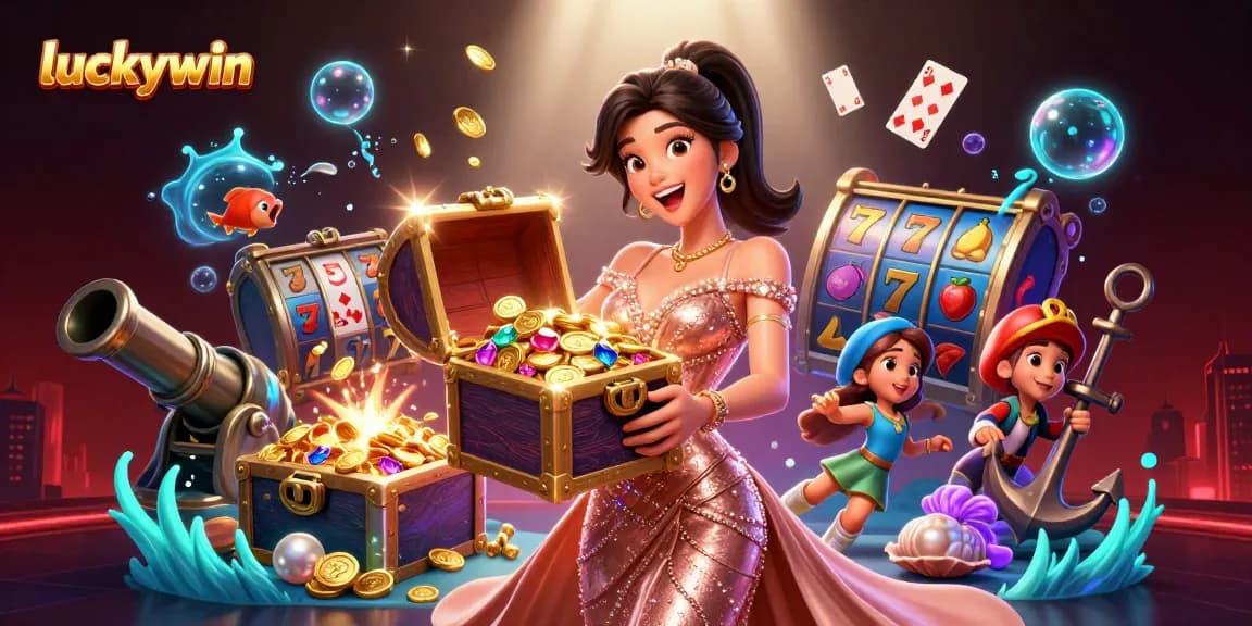 Win big with luckywin at this vibrant online casino illustration showing treasure and excitement.
