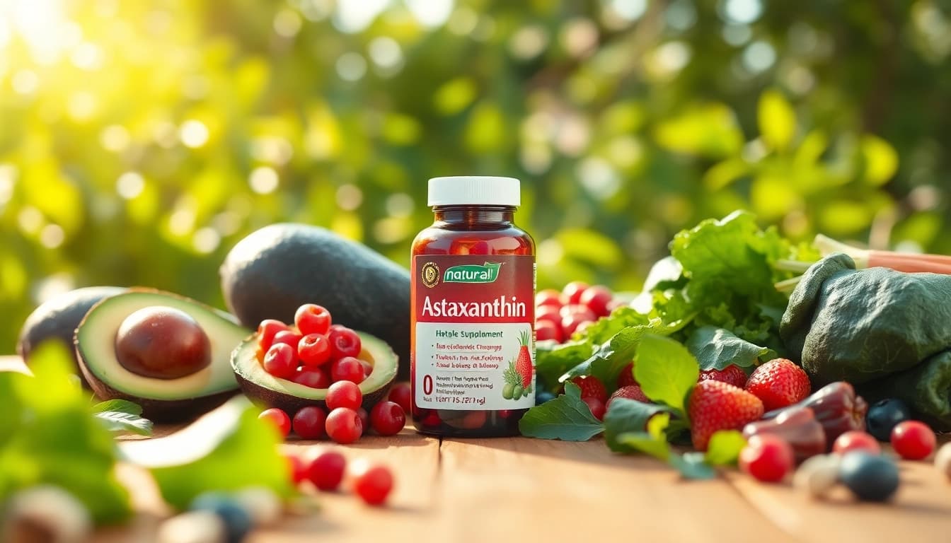 Enhance wellbeing with natural astaxanthin Canada surrounded by healthy foods.
