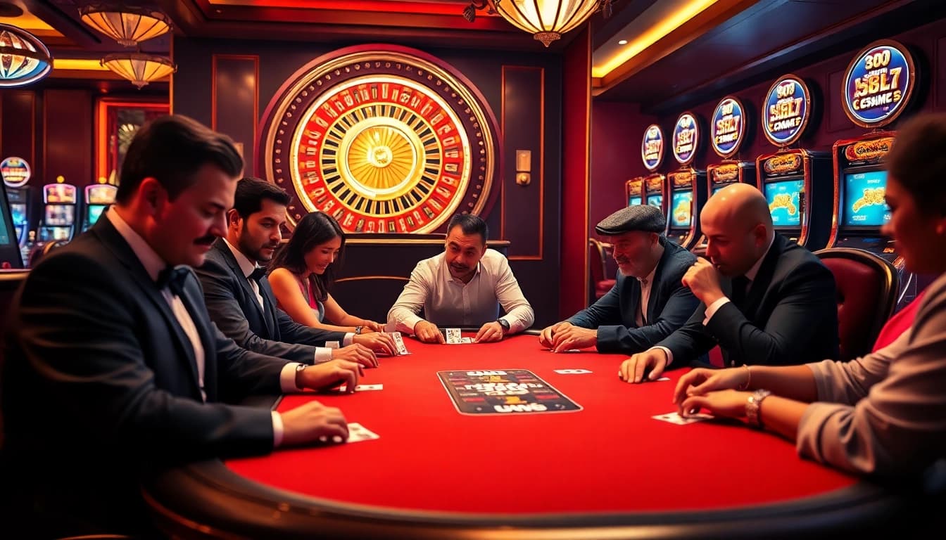 Experience the thrill of high-stakes gambling at https://qq88.life/ with players at a vibrant poker table.