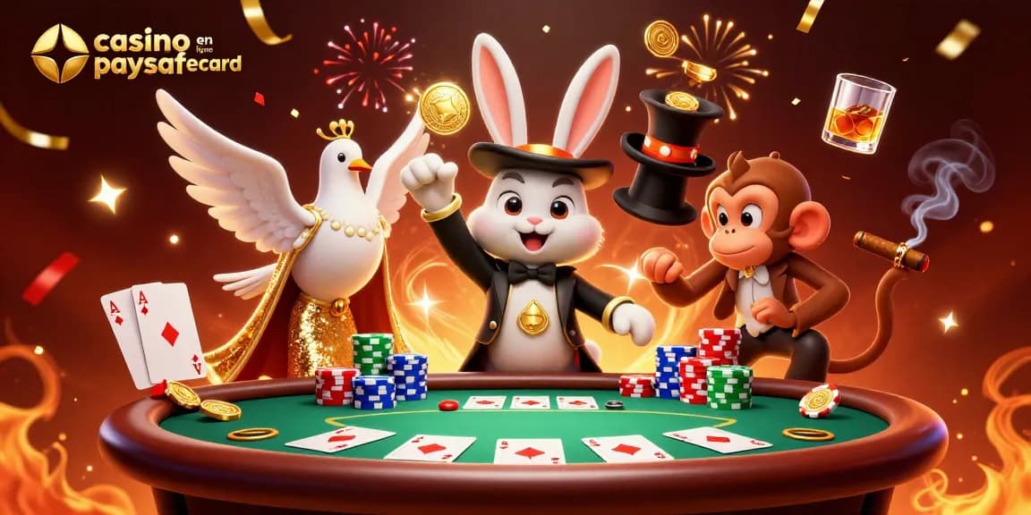 Les joueurs explorent un casino en ligne paysafecard dynamique avec des personnages de magie et des jetons colorés.