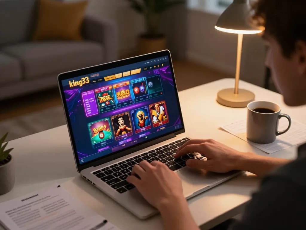 Engaging user enjoying online casino at king33 on laptop with vibrant game visuals.