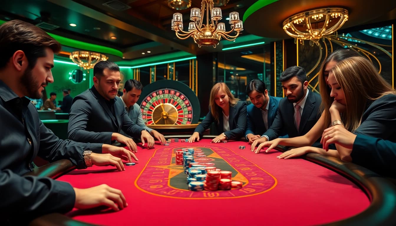 Experience the excitement of gambling with BJ388 at a luxurious casino poker table featuring vibrant chips and a roulette wheel.