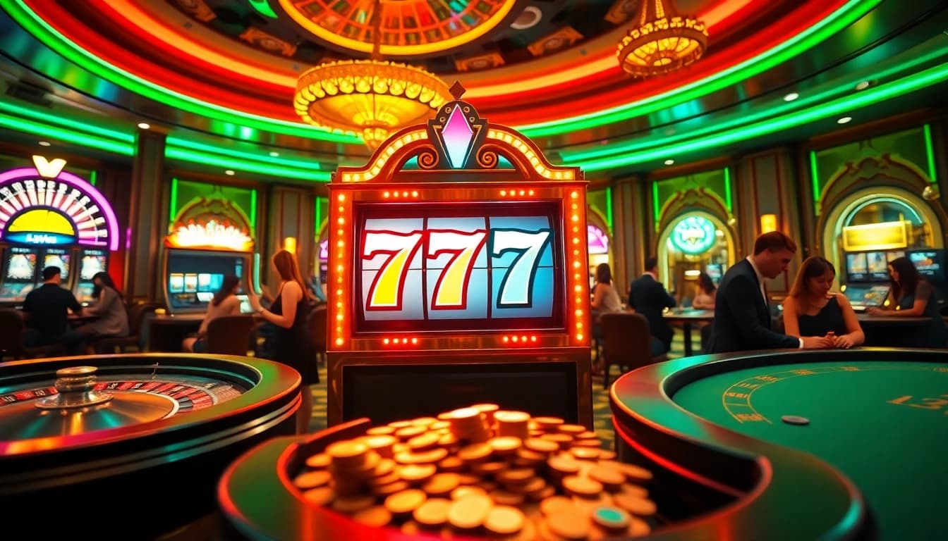 Gambling excitement at a vibrant slot 777 machine in a luxurious casino.