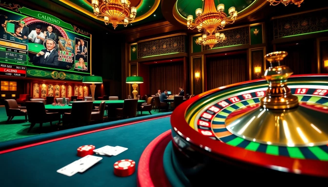 Vivez l'action à enjeux élevés dans cette scène dynamique de casino en ligne avec poker et roulette.