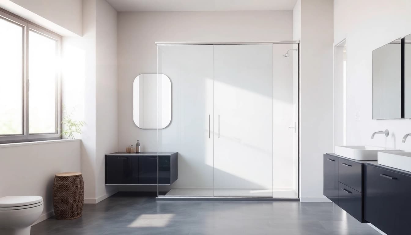 Installing shower sliding doors showcases modern design and functionality in a sleek bathroom.