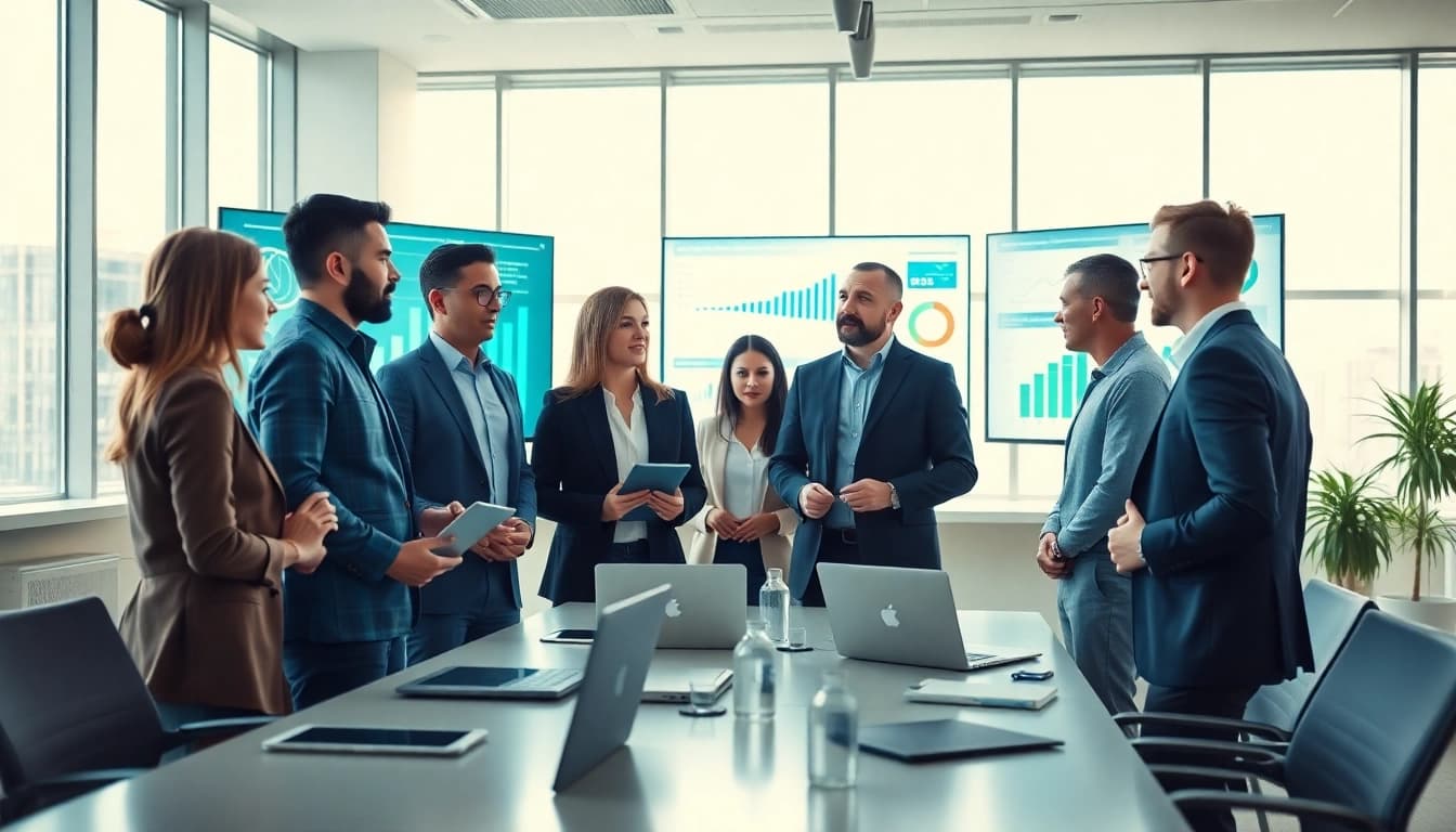 Enhance competitive intelligence for sales strategies with a professional team in a dynamic office.