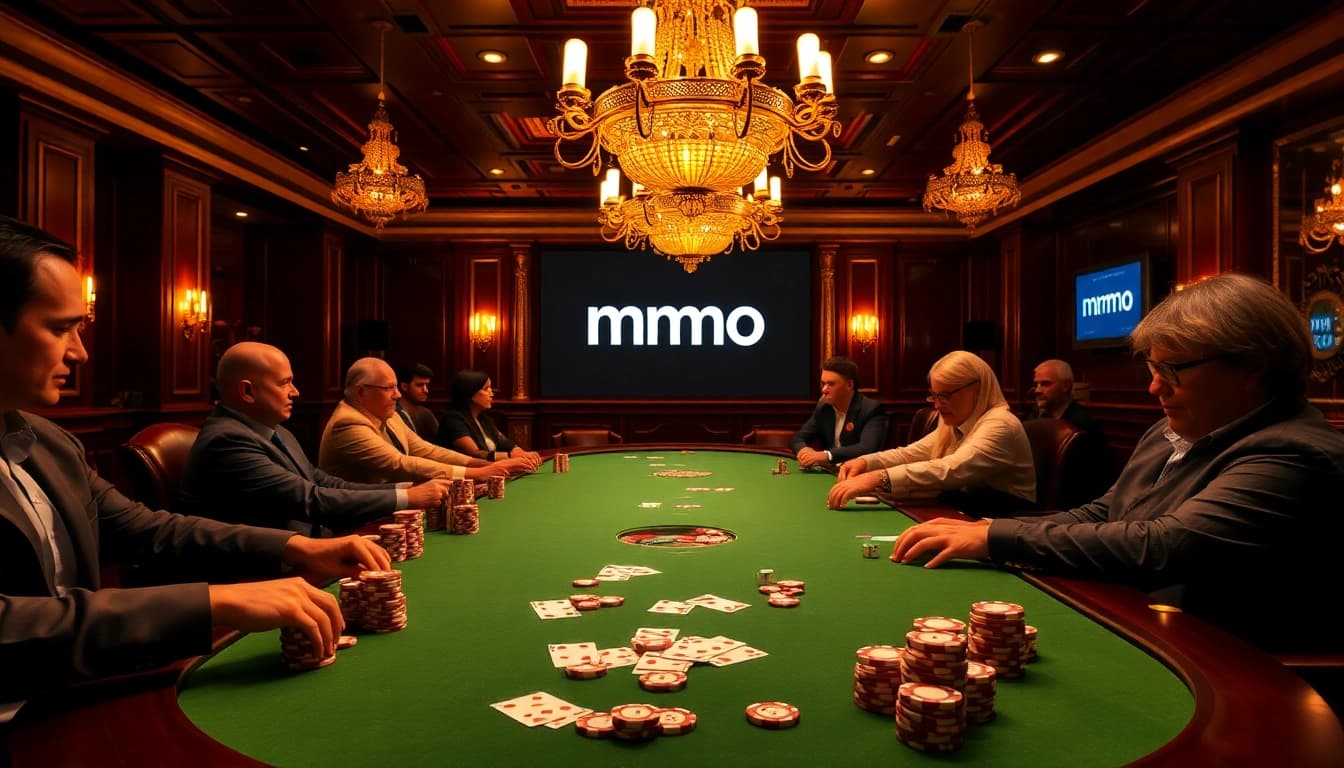 Players engaged in a thrilling poker game at MMOO casino under luxurious lighting.