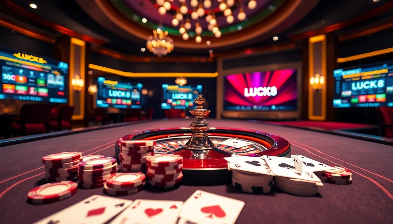 LUCK8 showcases an elegant casino scene with poker chips and roulette wheel, perfect for online gambling.
