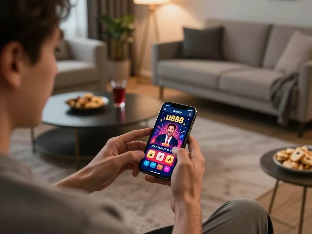 Engaged player using u888 app on smartphone, celebrating a casino win in a cozy home setting.