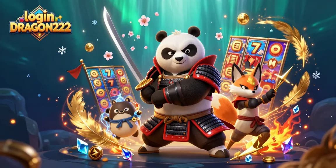 Experience thrilling gameplay with login DRAGON222 featuring samurai panda and ninja fox in vibrant 3D casino scene.