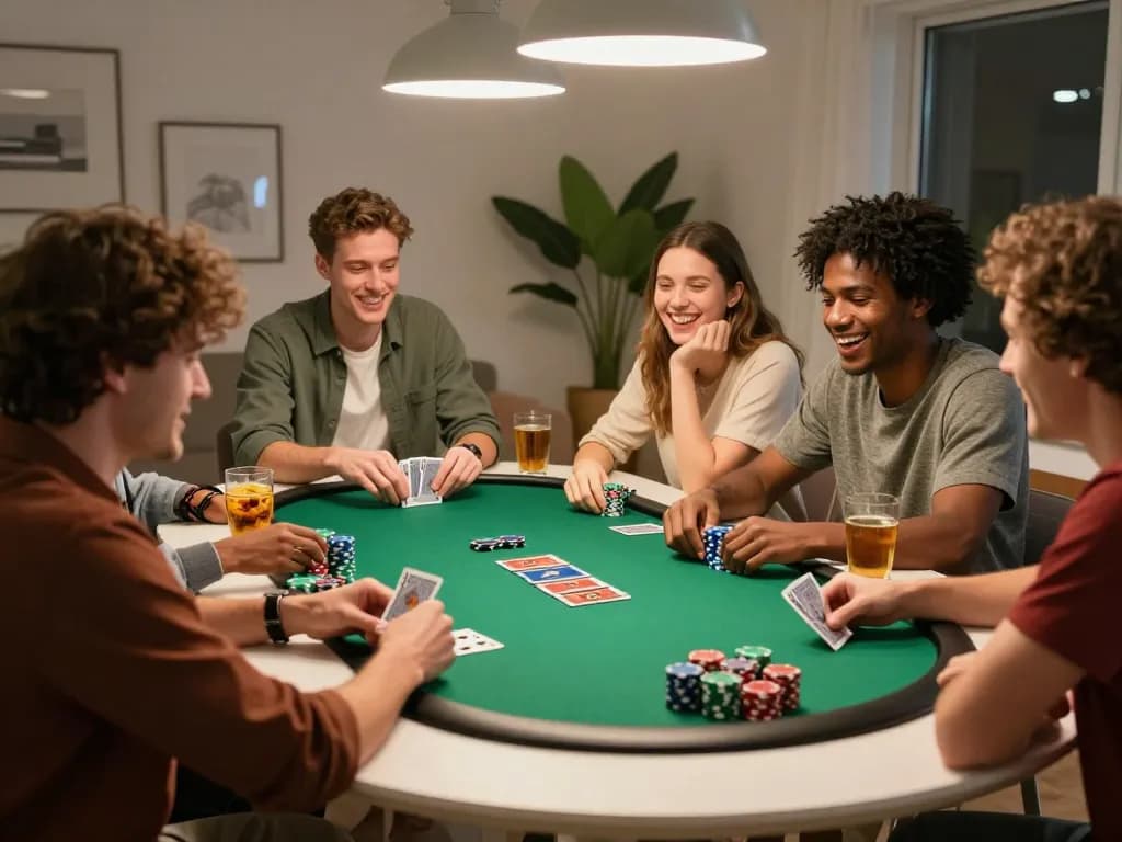 Xoilac friends enjoy a lively poker night, showcasing strategy and excitement in a cozy home setting.