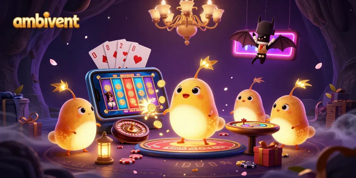 Engage with ambivent's exciting bonus buy slots illustrated by glowing worm characters lighting up a cave casino scene.