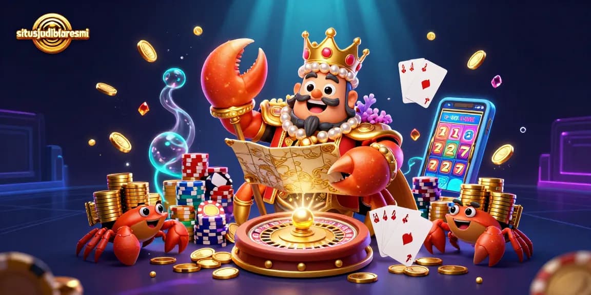Situsjudibolaresmi showcases a vibrant scene of a golden crab emperor amidst casino elements, elevating betting experiences.