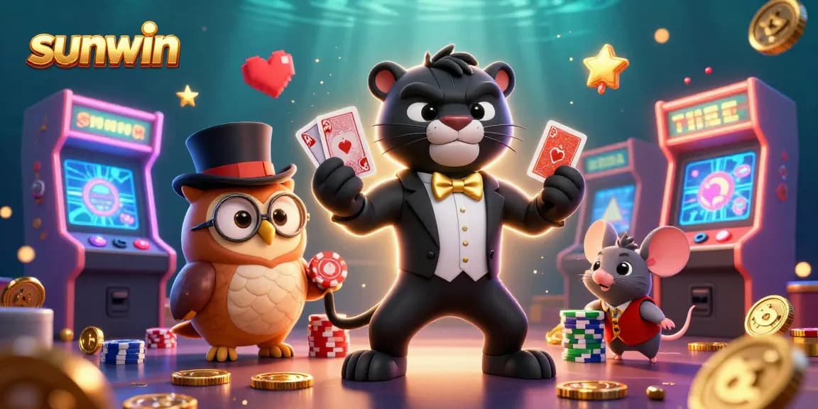 Experience thrilling card games with sunwin as a panther elegantly deals cards amidst vibrant casino elements.