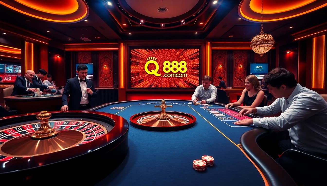Experience thrilling gameplay at QQ88 COM with vibrant casino tables, roulette wheels, and high-stakes poker.