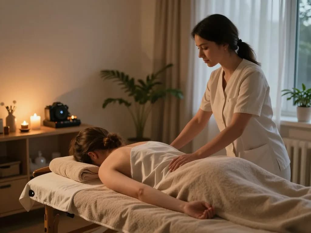 편안한 러시아출장마사지 치료 세션이 조용한 집 환경을 강조합니다.