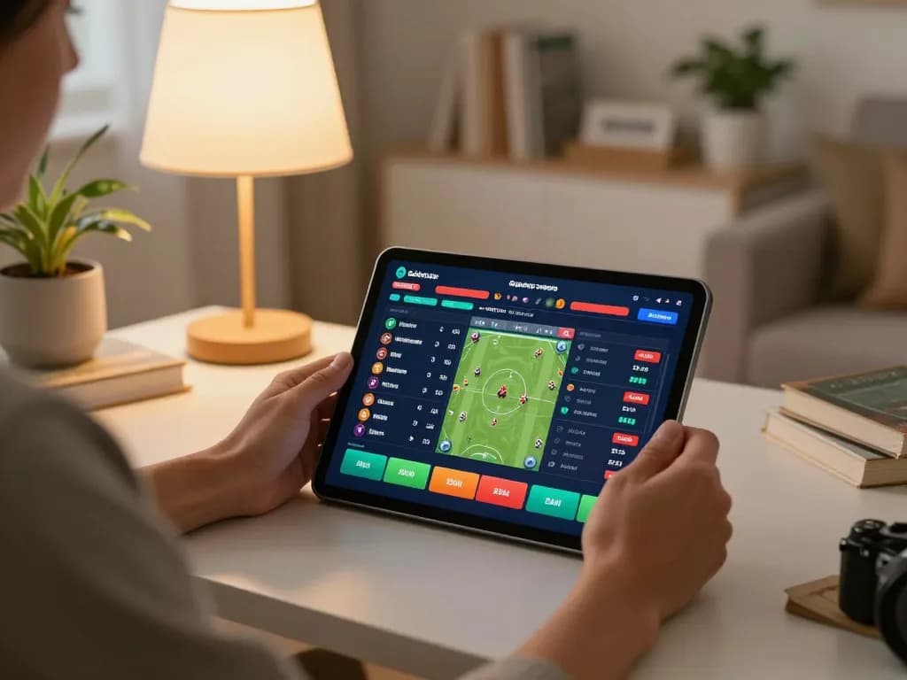 Engaging in trang cá cược bóng đá on tablet in a cozy home environment, showcasing betting interface details.